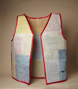 Life Vest, Ursina Vogt (Switzerland), 2014, letters, binding, backing, stitching, 24%22 w. x 29%22 h