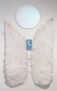 Jon D'Orazio, 'WINGS OF LIGHT' - postcard, feathers, acrylic, wood, NFS